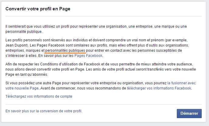 Facebook page personnalité